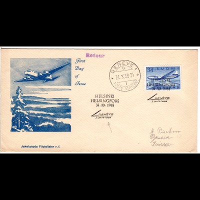 Finnland 1958, 34 M. auf Erstflug Brief Helsinki-Genf, Schweiz. (SLH 58.14)