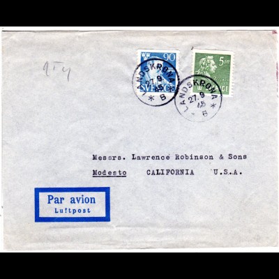 Schweden 1945, 90+5 öre auf Luftpost Brief v. Landskrona n. USA