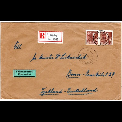 Schweden 1952, MeF Paar 45 öre auf Reko Brief n. Deutschland m. Devisenzensur