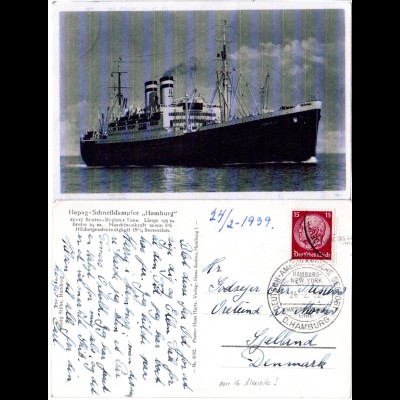 DR 1939, Deutsch-Amerikanische Seepost Hamburg New-York, Karte Dampfer Hamburg