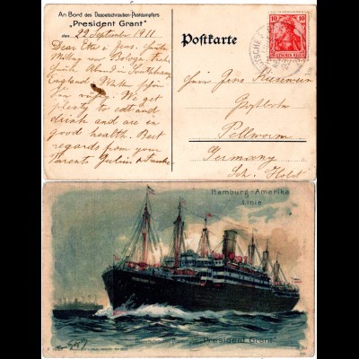 DR 1911, Deutsche Seepost Linie Hamburg New-York XIII. auf Karte m. 10 Pf