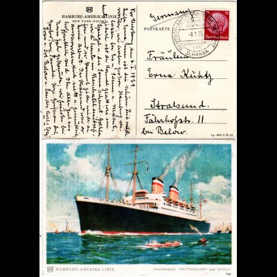 DR 1939, Deutsch Amerikanische Seepost Hamburg New-York HAL auf Karte m. 15 Pf.