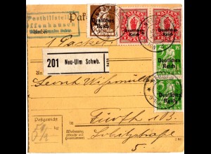 Bayern 1920, Posthilfstelle OFFENHAUSEN Taxe Neu-Ulm auf Paketkte m. 6 DR Marken
