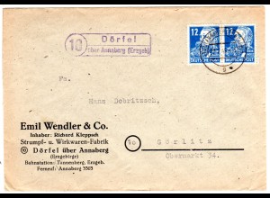 DDR 1949, Landpost Stpl. 10 DÖRFEL über Annaberg auf Firmen Brief m. 2x12 Pf.