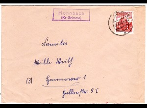DDR 1962, Landpost Stpl. HOHNBACH (Kr. Grimma) auf Brief m. 20 Pf. 