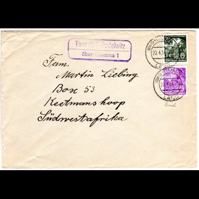DDR 1954, Landpost Stpl. TANNDORF-PODELWITZ über Grimma auf Brief m. 15+20 Pf. 