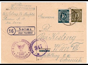 1947, Landpost Stpl. 16 SOLMS über Hersfeld auf Zensur Karte n. Österreich