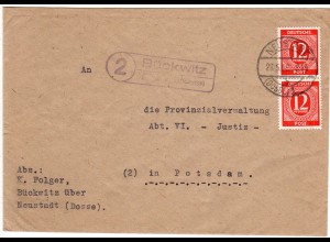 1946, Landpost Stpl. 2 BÜCKWITZ über Neustadt (Dosse) auf Brief m. 2x12 Pf