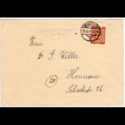 1947, Landpost Stpl. 20a WÖLPINGHAUSEN über Wunstorf auf Brief m. 24 Pf. 