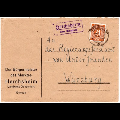 1948, Landpost Stpl. HERCHSHEIM über Würzburg auf Bürgermeister Brief m. 24 Pf