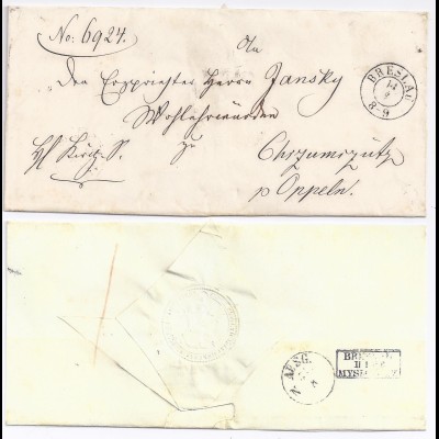 Preussen, K2 Breslau auf Brief m. rücks. Bahnpost Stpl. Breslau Myslowitz.#1074