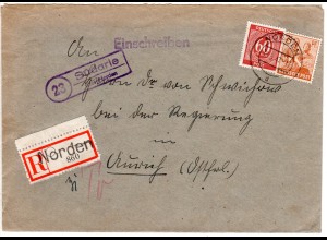 DR 1947, Landpost Stpl. SÜDARLE über Norden auf Einschreiben Brief m. 24+60 Pf.