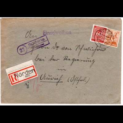 DR 1947, Landpost Stpl. SÜDARLE über Norden auf Einschreiben Brief m. 24+60 Pf.