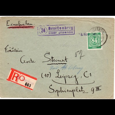 DR 1946, Landpost Stpl. 24 BREITENBERG über Itzehoe auf Reko Brief m. 84 Pf.