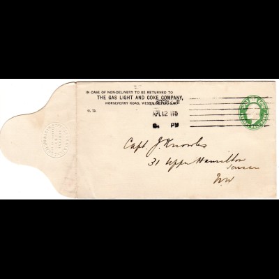 GB 1912, 1/2d stationery envelope The Gas Light And Coke Company, used in London
