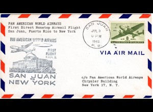 Puerto Rico 1946, 8 C. on first flight cover from San Juan to NY, USA