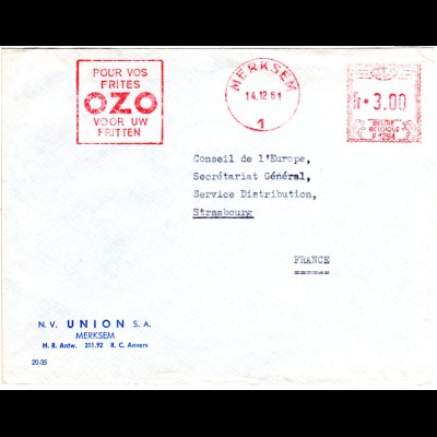 Belgien 1961, Merksem Werbefreistpl. Pour Vos Frites OZO auf Brief n. Frankreich