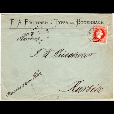 Österreich 1883, Fingerhutstpl. TYSSA auf Muster ohne Wert Firmen Brief m. 5 Kr.