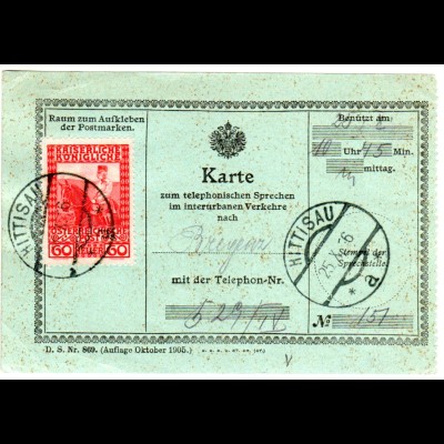 Österreich 1916, 60 H. auf Telefon Karte v. HITTISAU