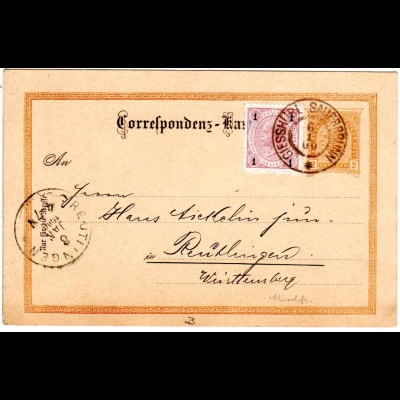 Österreich 1900, Mischfrankatur 1 H. auf 2 Kr. Ganzsache v. GIESSHÜBL SAUERBRUNN