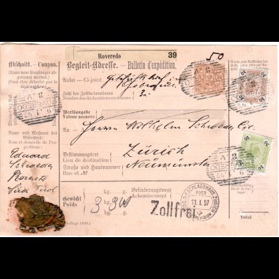 Österreich 1897, 20+30 Kr. auf Paketkarte v. ROVEREDO i.d. Schweiz
