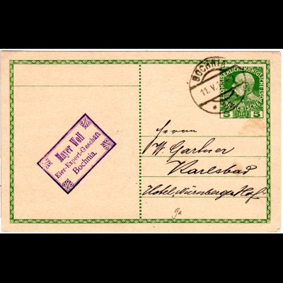 Österreich 1919, 5 H. Ganzsache v. BOCHNIA m. Firmenstpl. Mayer Wolf Eier-Export