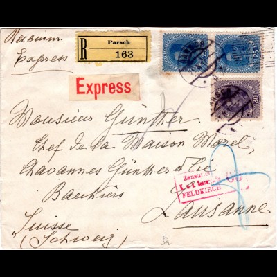 Österreich 1917, 30+Paar 25 H. auf Einschreiben Eilboten Zensur Brief v. PARSCH