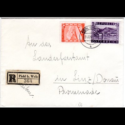 Österreich 1947, 1 S.+40 G. auf Einschreiben Brief v. PICHL b. Wels