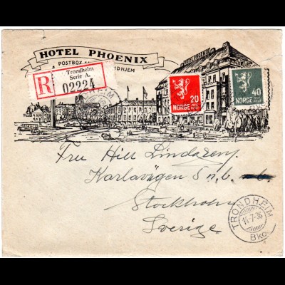 Norwegen 1936, Reko Bilder Brief Trondhjem Hotel Phoenix m 20+40 öre n. Schweden