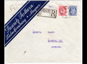 Norwegen 1917, 10+20 öre auf Firmen Einschreiben Brief v. MAGNOR n. Schweden