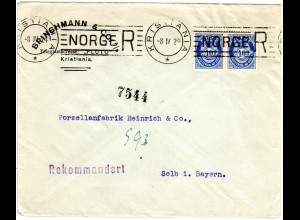 Norwegen 1924, Kristiania Maschinen-Reko-Stempel auf Brief m. 2x40 öre n. Bayern