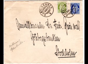 Norwegen 1922, inter. Mischfrankatur 20 öre blau und grün auf Brief m. Bahnpost