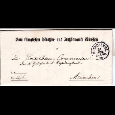 Bayern 1896, K1 MUENCHEN 22 auf Brief des Straßen-u. Flußbauamtes