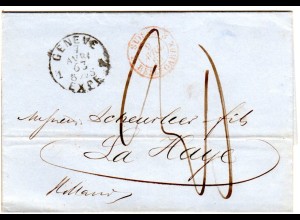 Schweiz 1863, gr. K1 GENEVE auf Porto Brief n. NL. Transit Suisse Par Belgarde