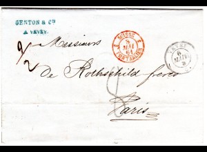 Schweiz 1861, K2 VEVEY auf Brief 2. Gewichtsstufe m. Frankreich Portostpl. "8"