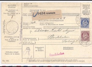 Norwegen Schweden 1923, Kristiania Auslands Paketkarte m. 40+50 öre. #1265