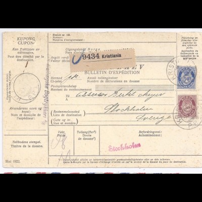 Norwegen Schweden 1923, Kristiania Auslands Paketkarte m. 40+50 öre. #1265