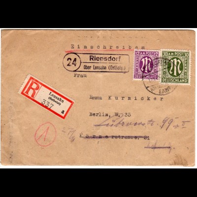 1945, Landpost Stpl. 24 RIEPSDORF über Lensahn auf Reko Brief m. 12+30 Pf.