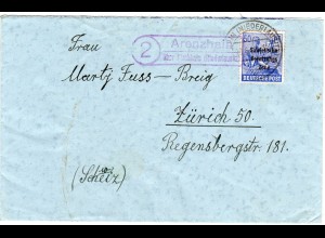 SBZ 1948, Landpost Stpl. 2 ARENZHAIN über Kirchhain auf Brief m. 50 Pf. i.d. CH