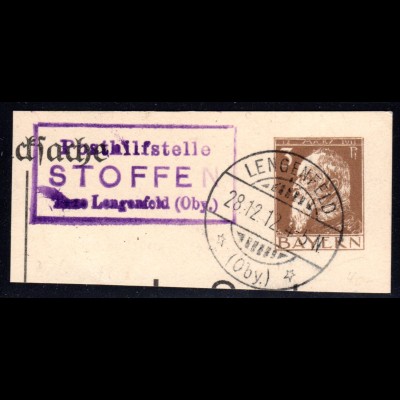 Bayern 1912, Posthilfstelle STOFFEN Taxe Lengenfeld auf Ganzsachen Ausschnitt