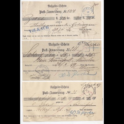 Bayern 1872/79, Volkach, blau HKS u. versch. Stpl. auf 3 Postscheinen. #1245