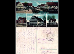 Gruss aus Gessertshausen m. Gasthaus, Bahnhof, Forsthaus, 1916 gebr. Farb-AK
