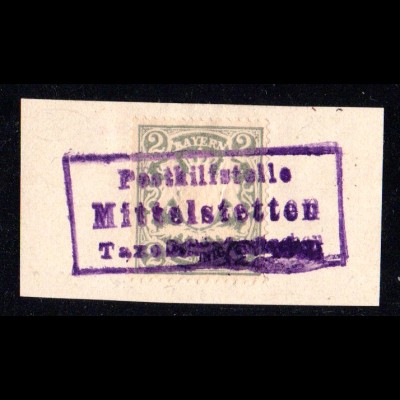 Bayern, Posthilfstelle MITTELSTETTEN Taxe Schwabmünchen auf Briefstück m. 2 Pf.