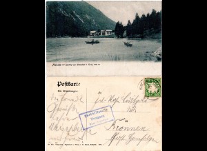 Bayern 1907, Posthilfstelle Bronnen Taxe Honsolgen auf Plansee-AK m. 5 Pf.