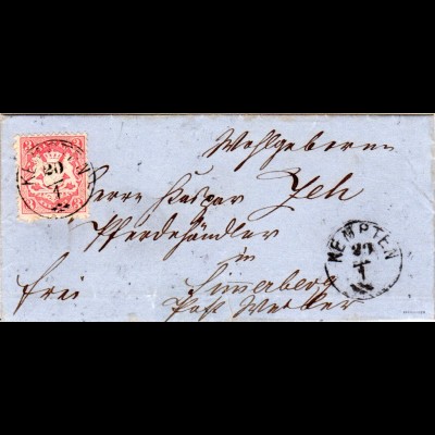 Bayern 1874, Zier-K1 KEMPTEN Typ 2 klar auf schönem Brief m. 3 Kr. Geprüft.