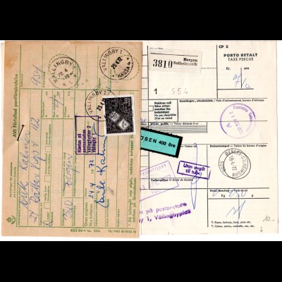 Norwegen 1972, Paketkarte v. Bergen Solheimsvik m. Schweden Porto u. Zollgebühr
