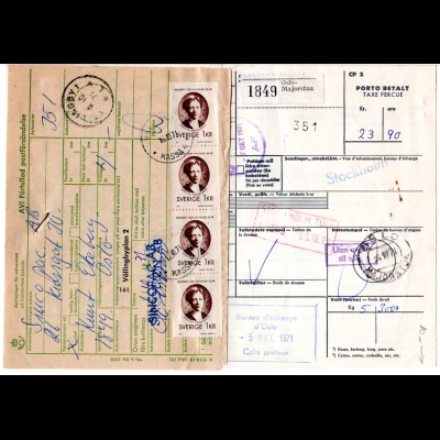 Schweden 1971, Norwegen Paketkarte m. MeF 4x1 Kr. Porto u. Zollgebühr