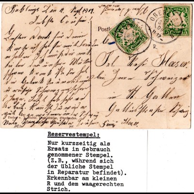 Bayern 1909, Reservestempel OBERSTAUFEN R auf Gruss aus Farb-AK m. 5 Pf.