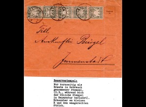 Bayern 1906, Reservestempel OBERSTAUFEN R auf Brief m. MeF 5er-Streifen 2 Pf.