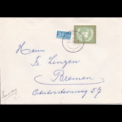 BRD 1955, 10 Pf. UNO, Bedarfs Brief m. Notopfer Berlin u FDC Ersttagsstpl. #767
